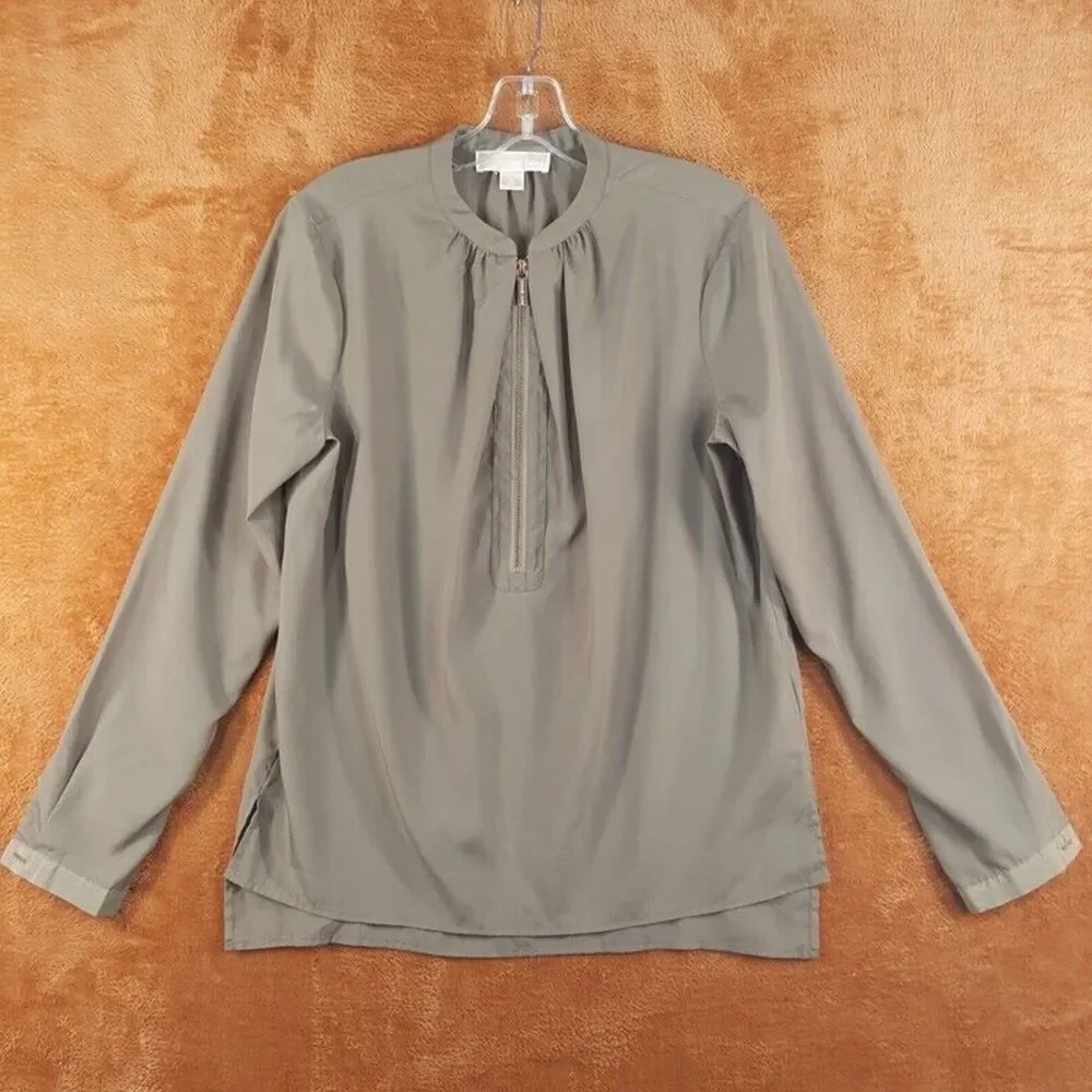 MICHAEL KORS Womens Top Size 4 Green Pullover 1/4 Zip Pleated Draped Blouse